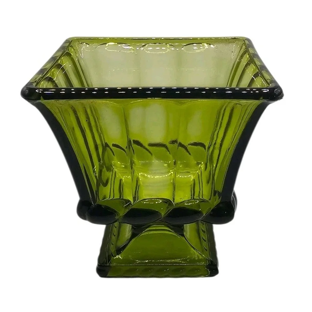 VTG 60s Heavy Olive Green Glass Rectangle Compote /Candy Dish Footed Ribbed Base